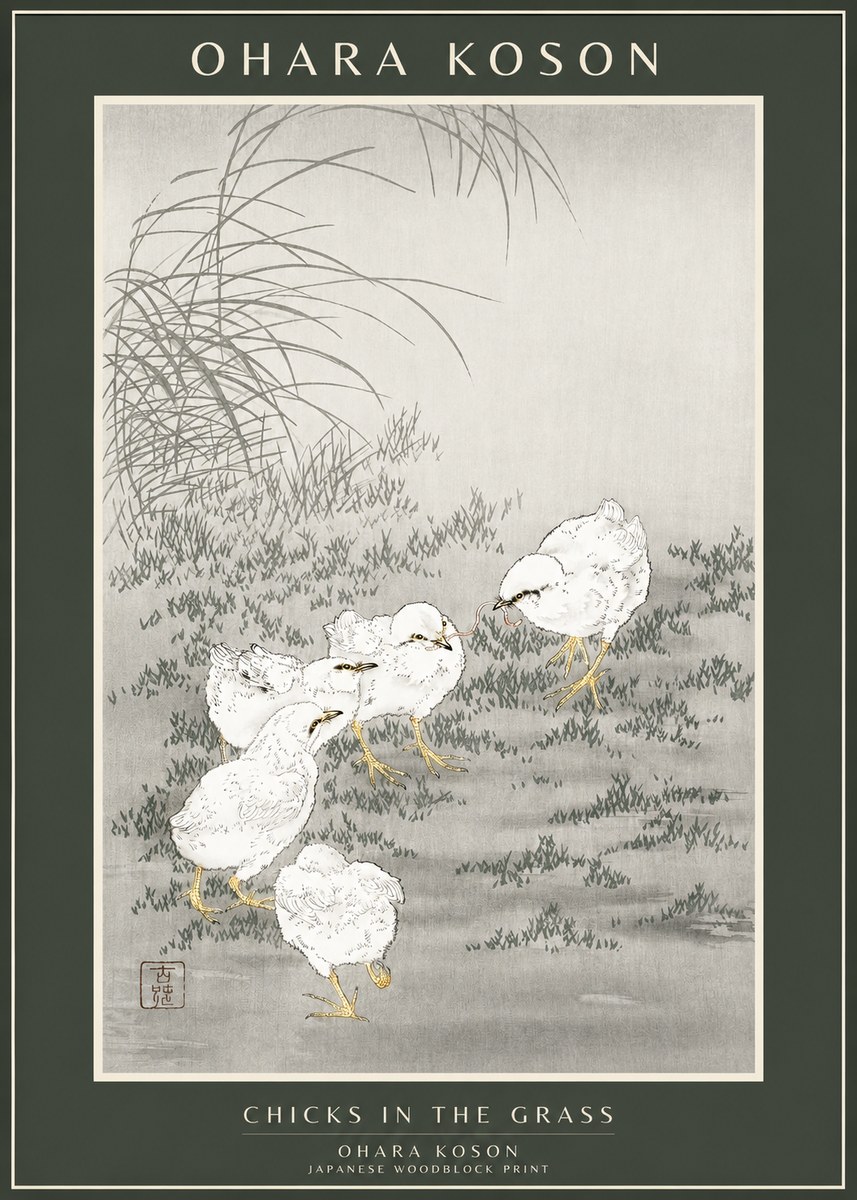 Ohara Koson Chicks in the Grass No1 - Poszter