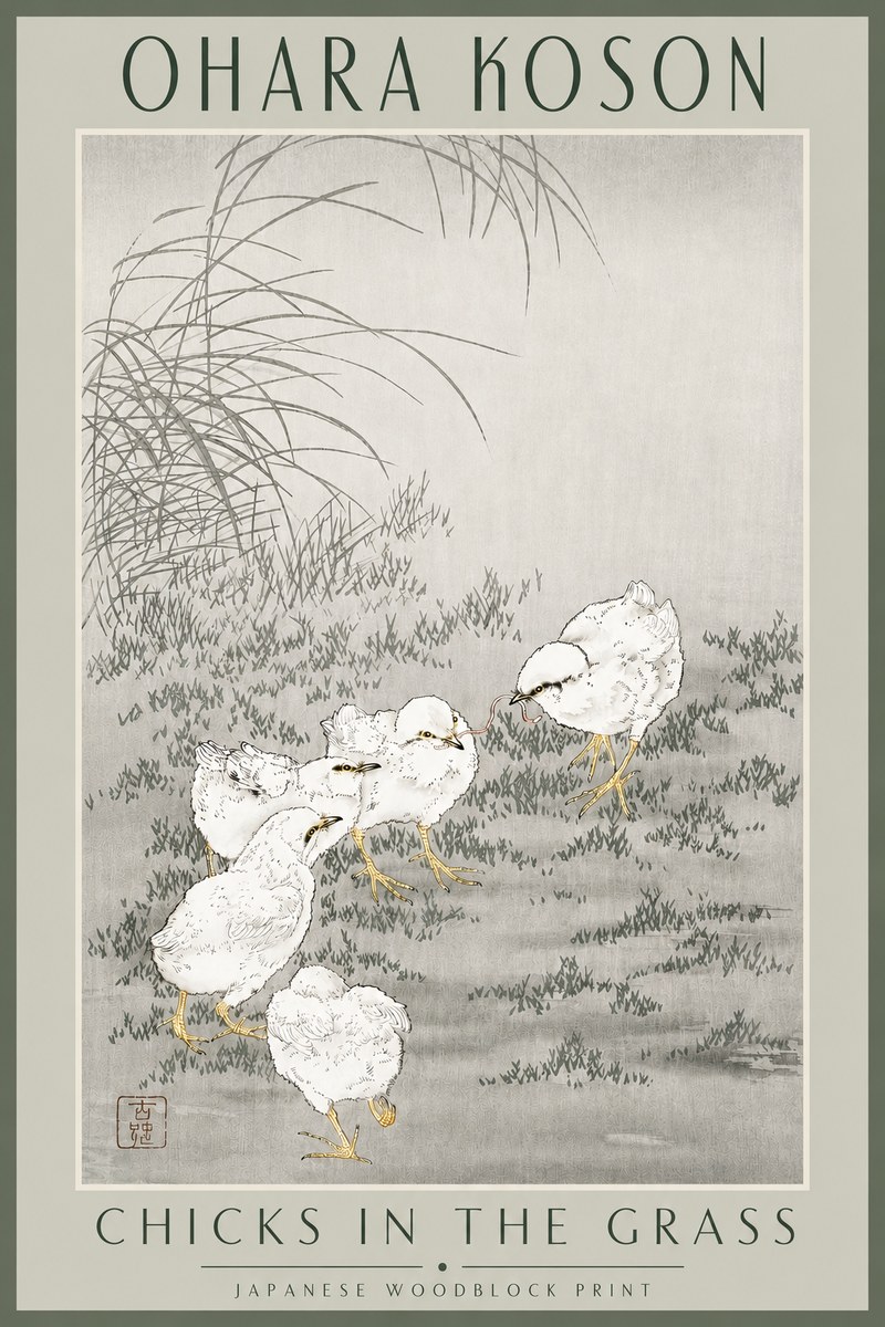 Ohara Koson Chicks in the Grass No3 - Poszter