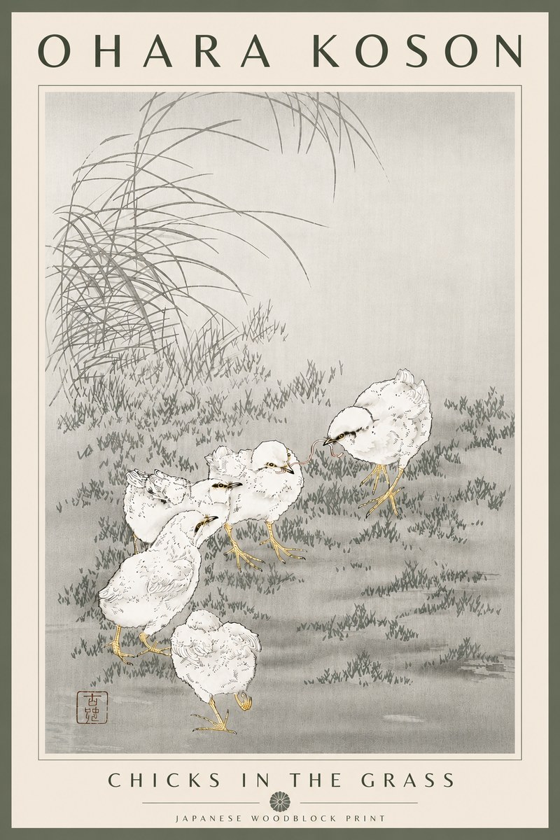 Ohara Koson Chicks in the Grass No6 - Poszter