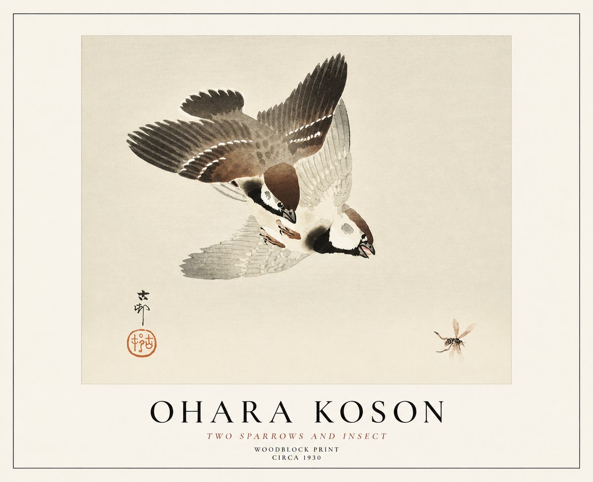 Ohara Koson Two Sparrows and Insect No1 - Poszter