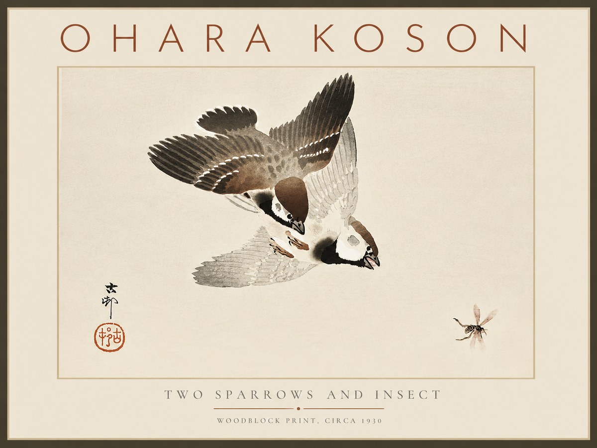 Ohara Koson Two Sparrows and Insect No6 - Poszter