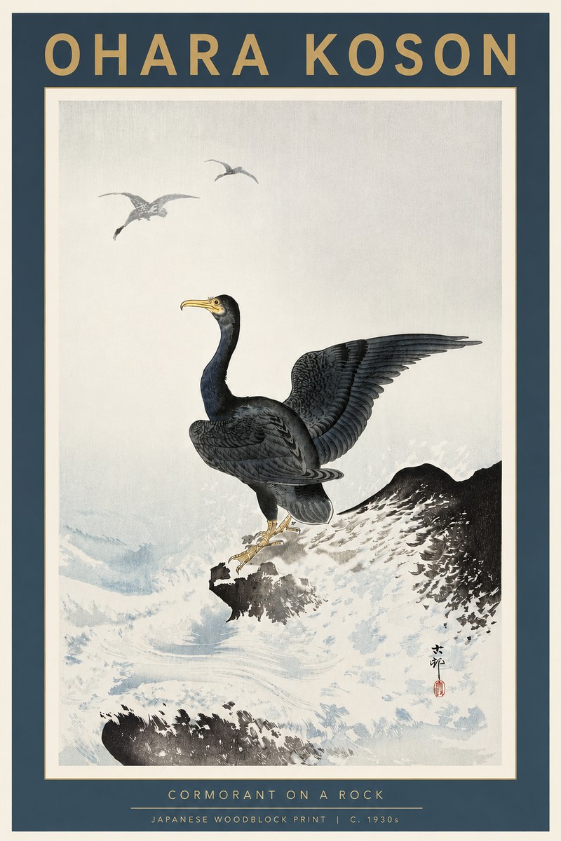 Ohara Koson Cormorant on a Rock No4 - Poszter