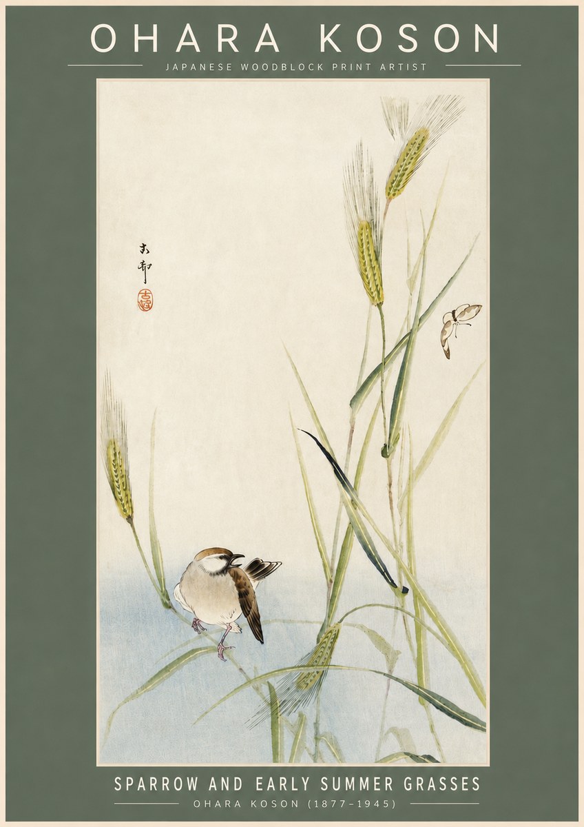 Ohara Koson Sparrow and Early Summer Grasses No2 - Poszter