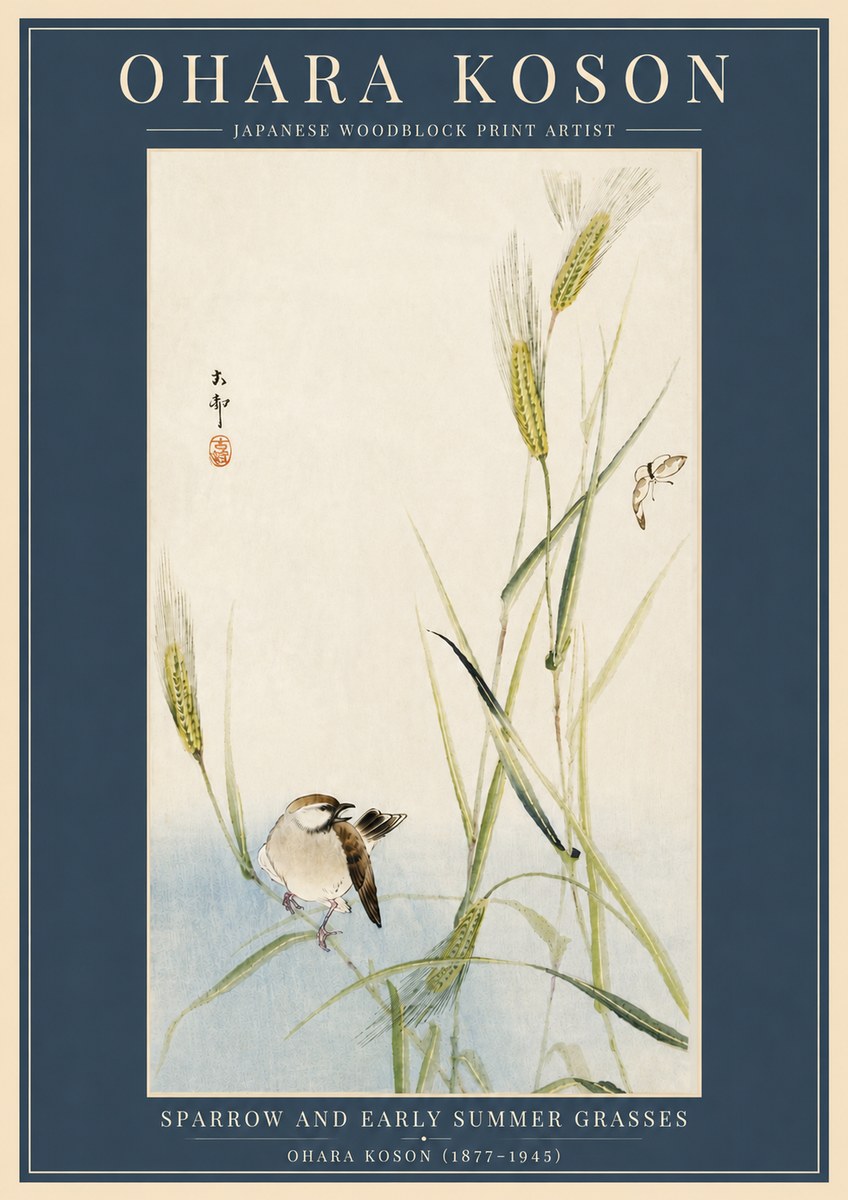 Ohara Koson Sparrow and Early Summer Grasses No6 - Poszter