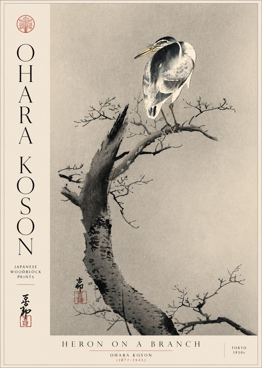 Ohara Koson Heron on a Branch No5 - Poszter