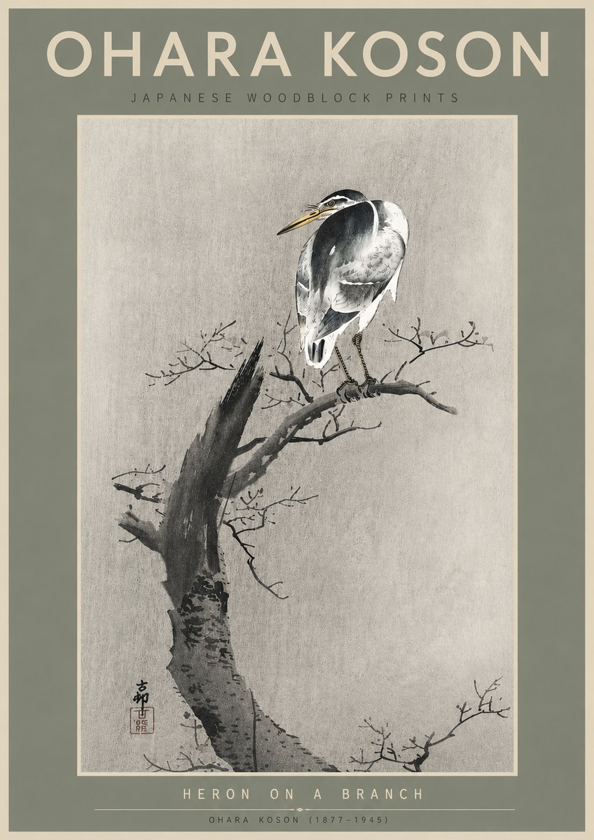 Ohara Koson Heron on a Branch No6 - Poszter