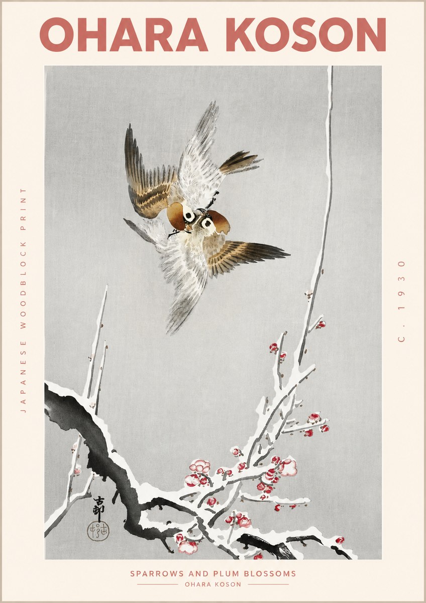 Ohara Koson Sparrows and Plum Blossoms No2 - Poszter