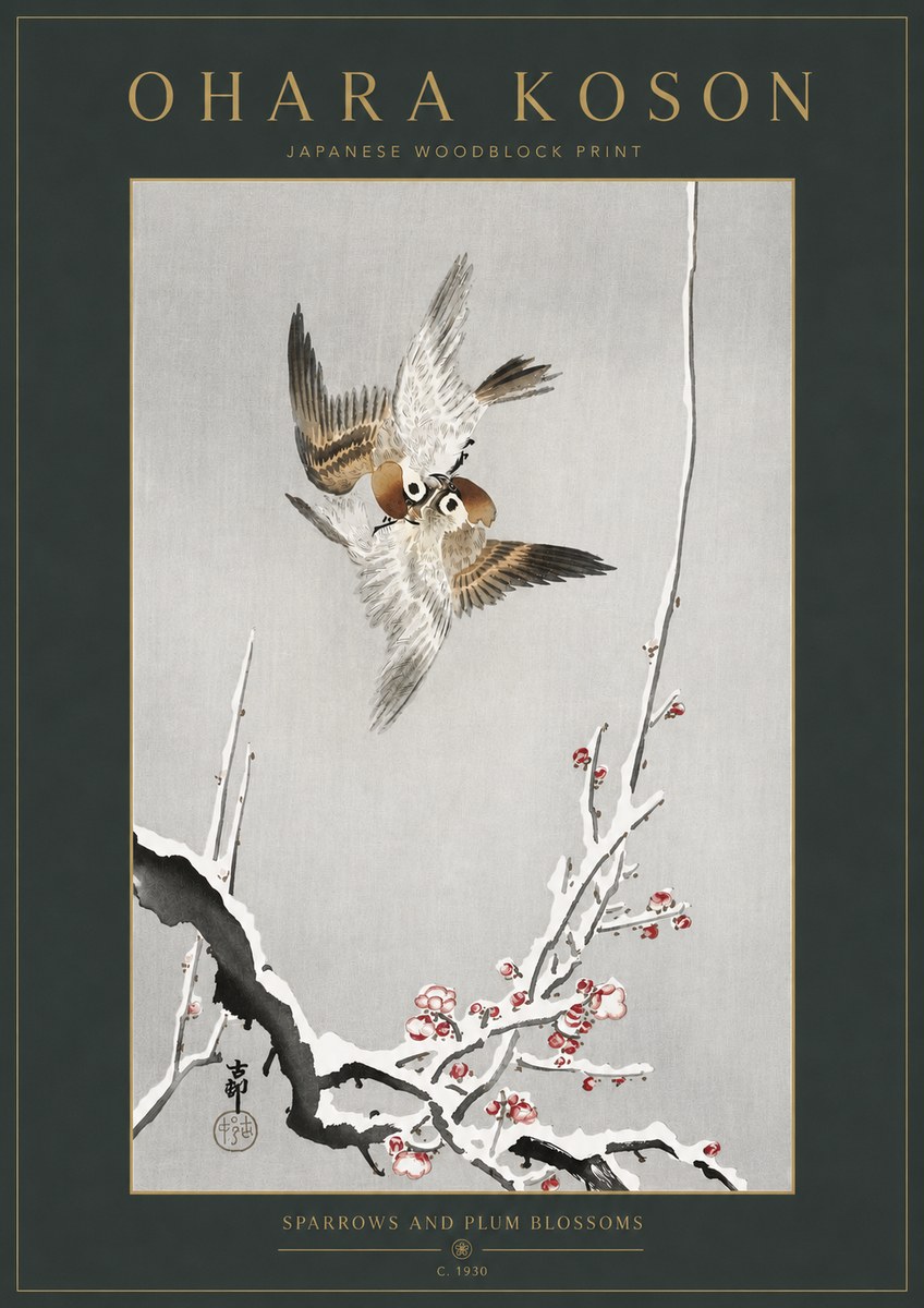 Ohara Koson Sparrows and Plum Blossoms No3 - Poszter