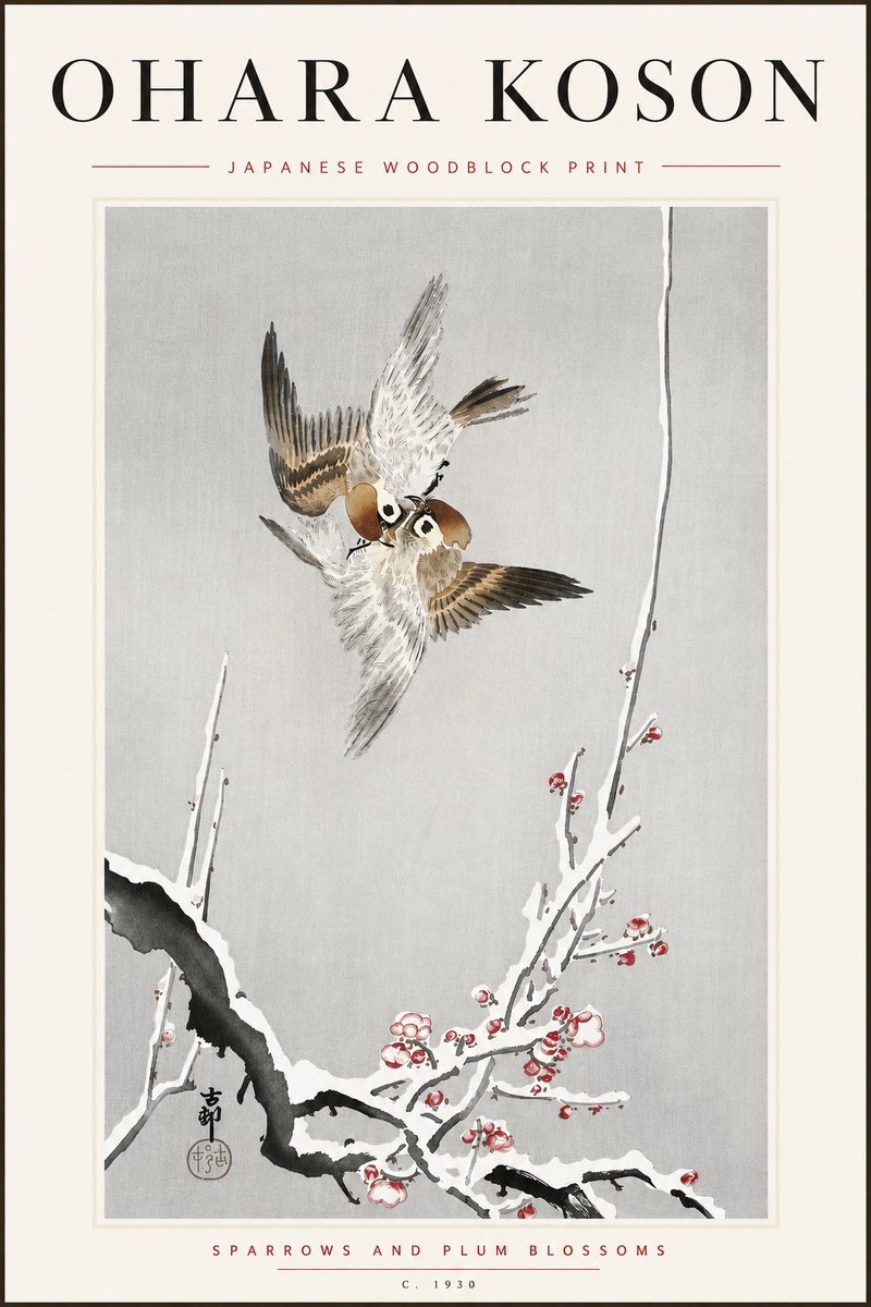 Ohara Koson Sparrows and Plum Blossoms No5 - Poszter