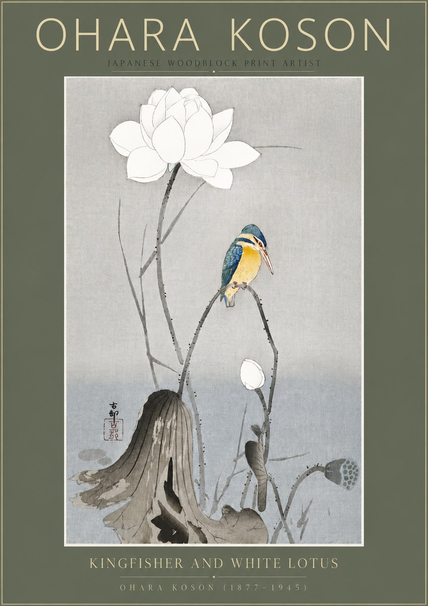 Ohara Koson Kingfisher and White Lotus No5 - Poszter