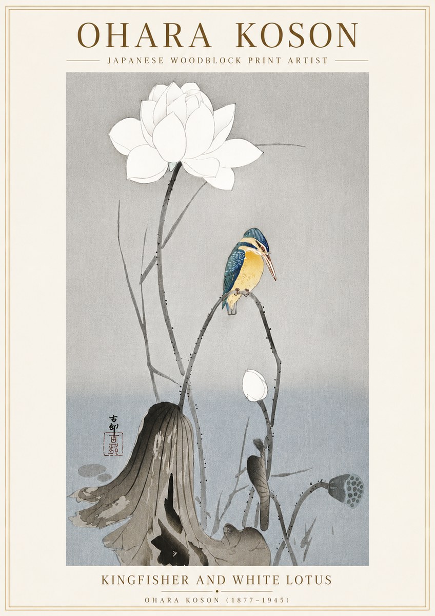 Ohara Koson Kingfisher and White Lotus No6 - Poszter