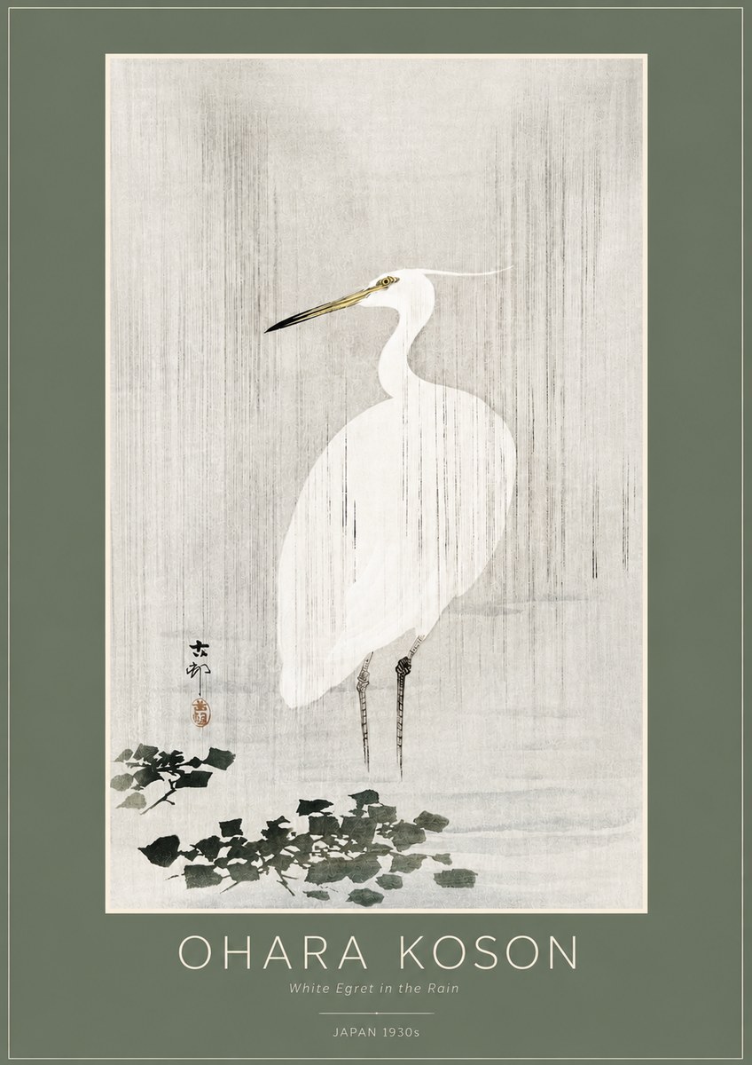 Ohara Koson White Egret in the Rain No2 - Poszter