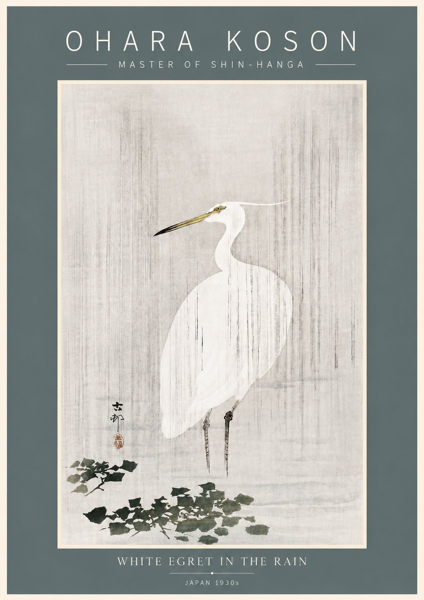 Ohara Koson White Egret in the Rain No5 - Poszter