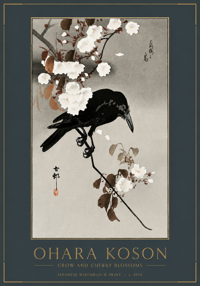 Ohara Koson Crow and Cherry Blossoms No2 - Poszter
