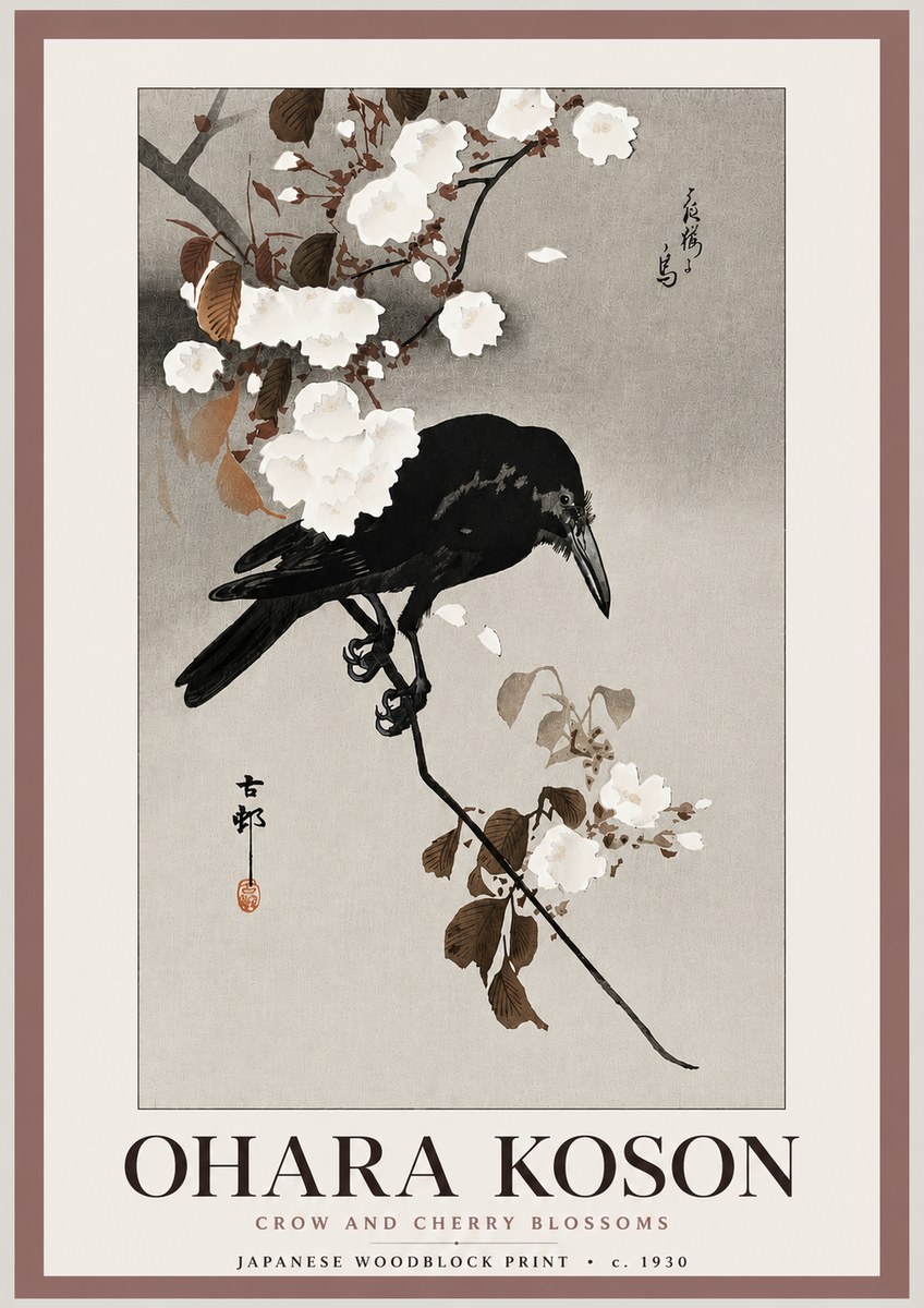 Ohara Koson Crow and Cherry Blossoms No3 - Poszter