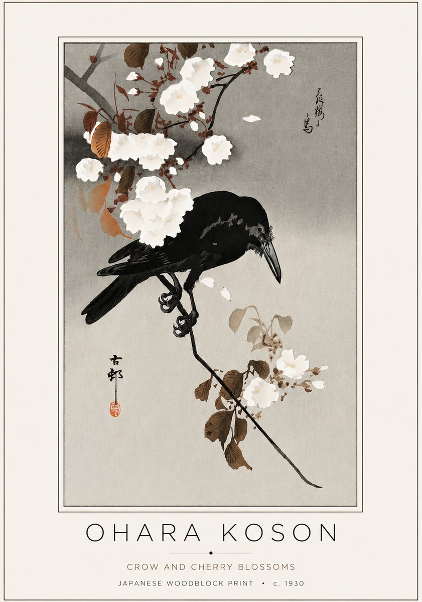 Ohara Koson Crow and Cherry Blossoms No4 - Poszter