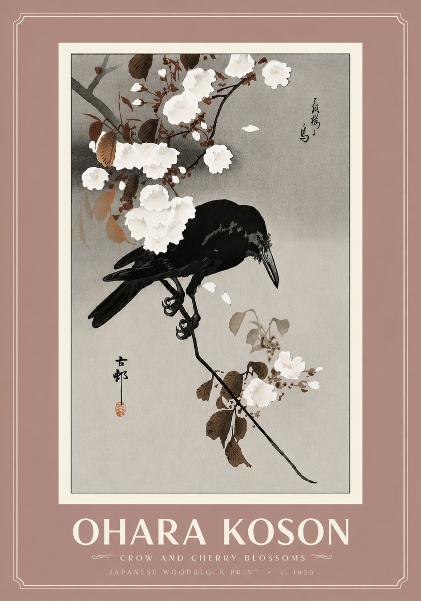 Ohara Koson Crow and Cherry Blossoms No6 - Poszter