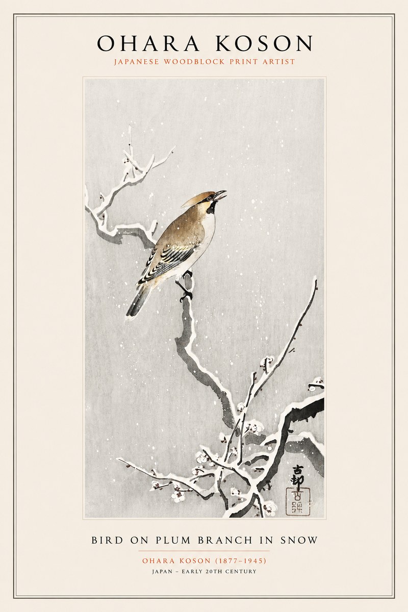 Ohara Koson Bird on Plum Branch in Snow No1 - Poszter