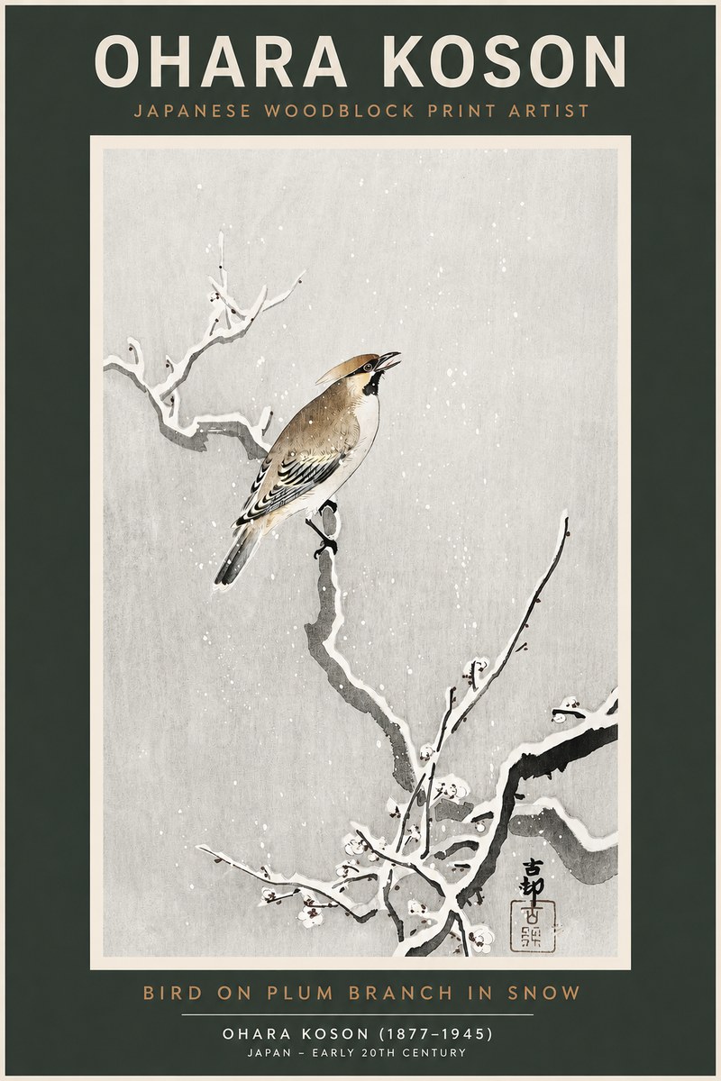 Ohara Koson Bird on Plum Branch in Snow No2 - Poszter