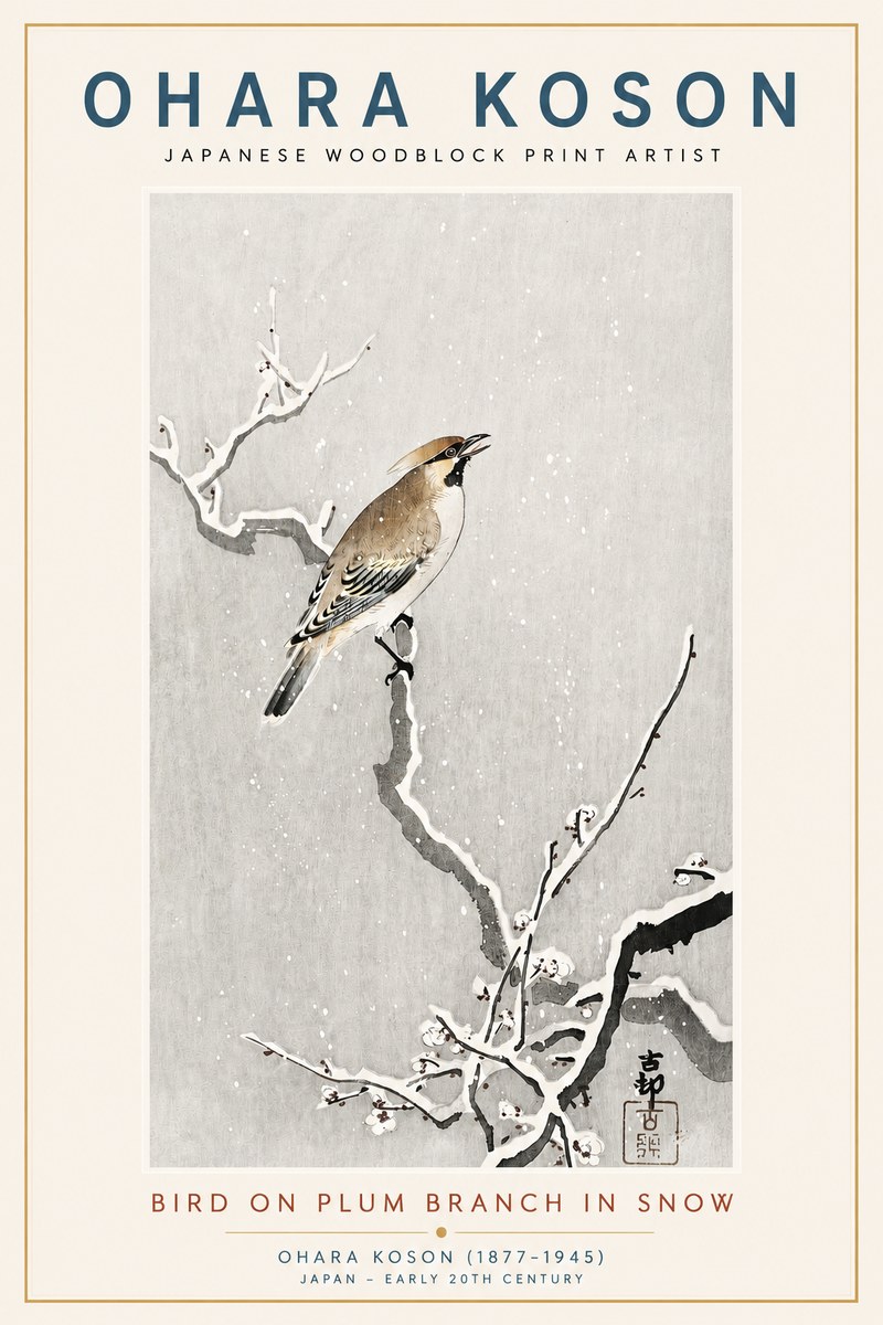 Ohara Koson Bird on Plum Branch in Snow No3 - Poszter