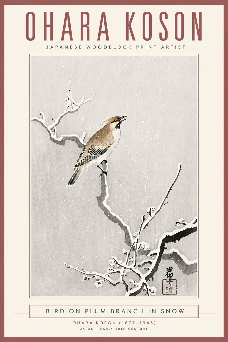 Ohara Koson Bird on Plum Branch in Snow No4 - Poszter