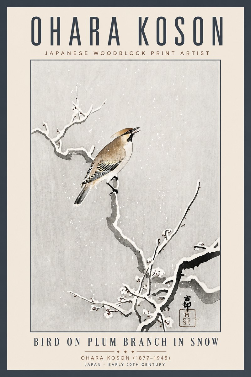 Ohara Koson Bird on Plum Branch in Snow No5 - Poszter