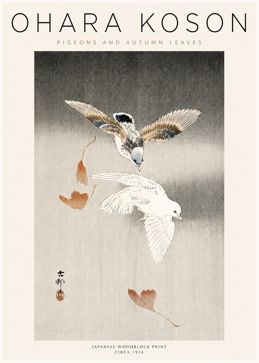 Ohara Koson Pigeons and Autumn Leaves No3 - Poszter
