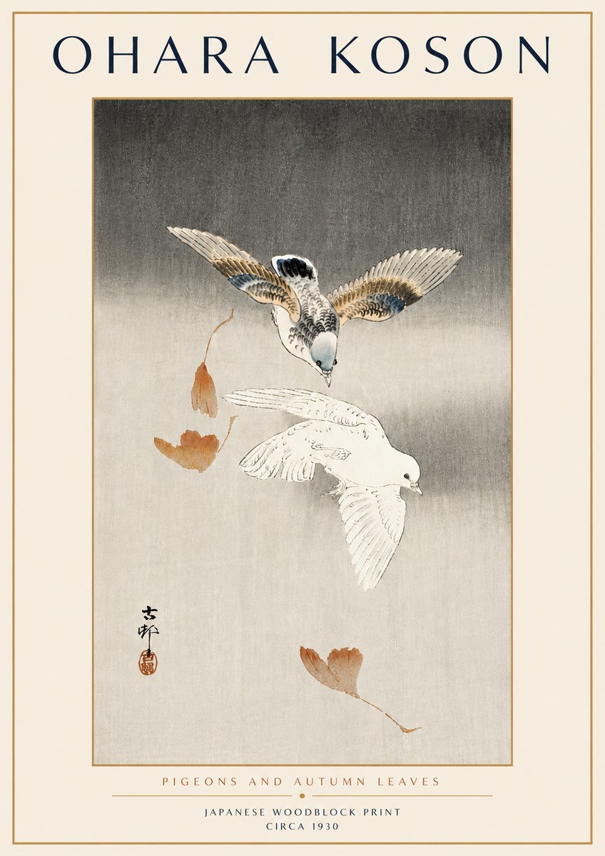 Ohara Koson Pigeons and Autumn Leaves No6 - Poszter