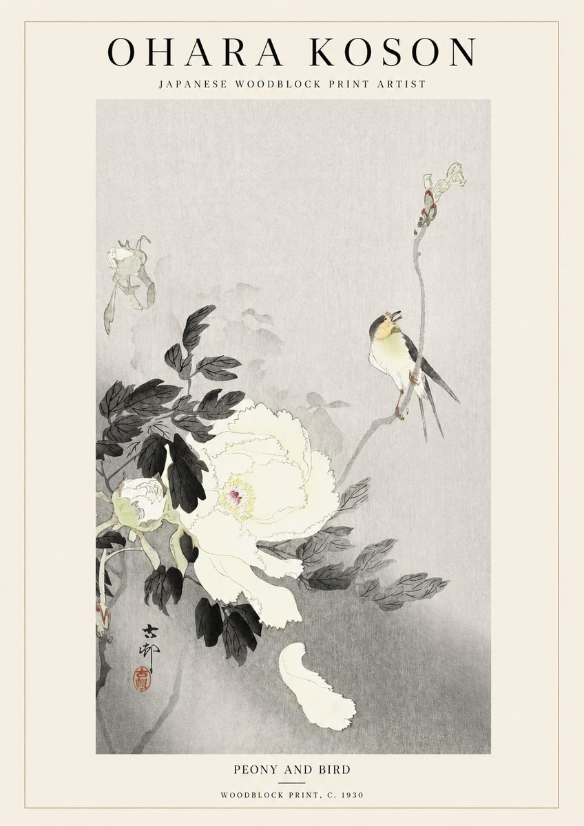 Ohara Koson Peony and Bird No1 - Poszter
