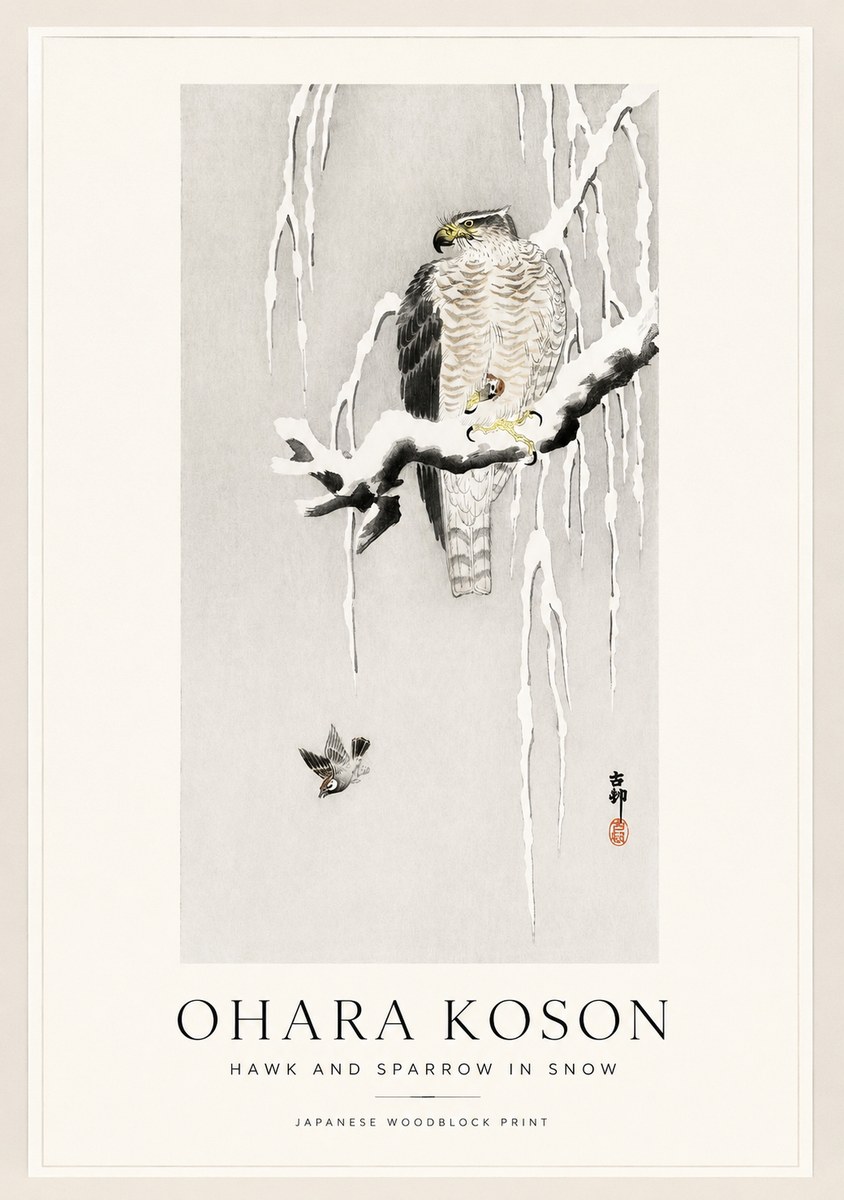 Ohara Koson Hawk and Sparrow in Snow No1 - Poszter