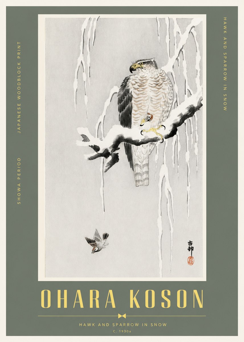 Ohara Koson Hawk and Sparrow in Snow No2 - Poszter