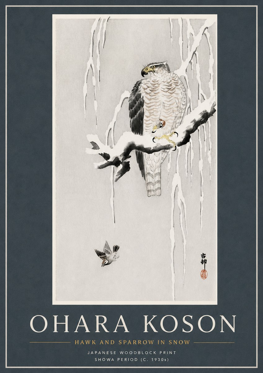 Ohara Koson Hawk and Sparrow in Snow No3 - Poszter