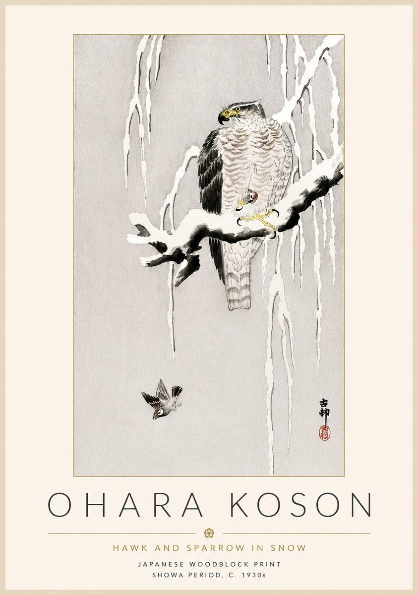 Ohara Koson Hawk and Sparrow in Snow No4 - Poszter