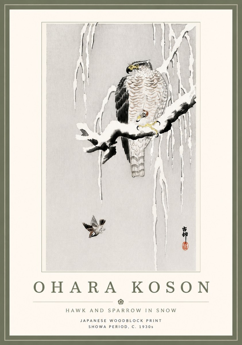 Ohara Koson Hawk and Sparrow in Snow No5 - Poszter