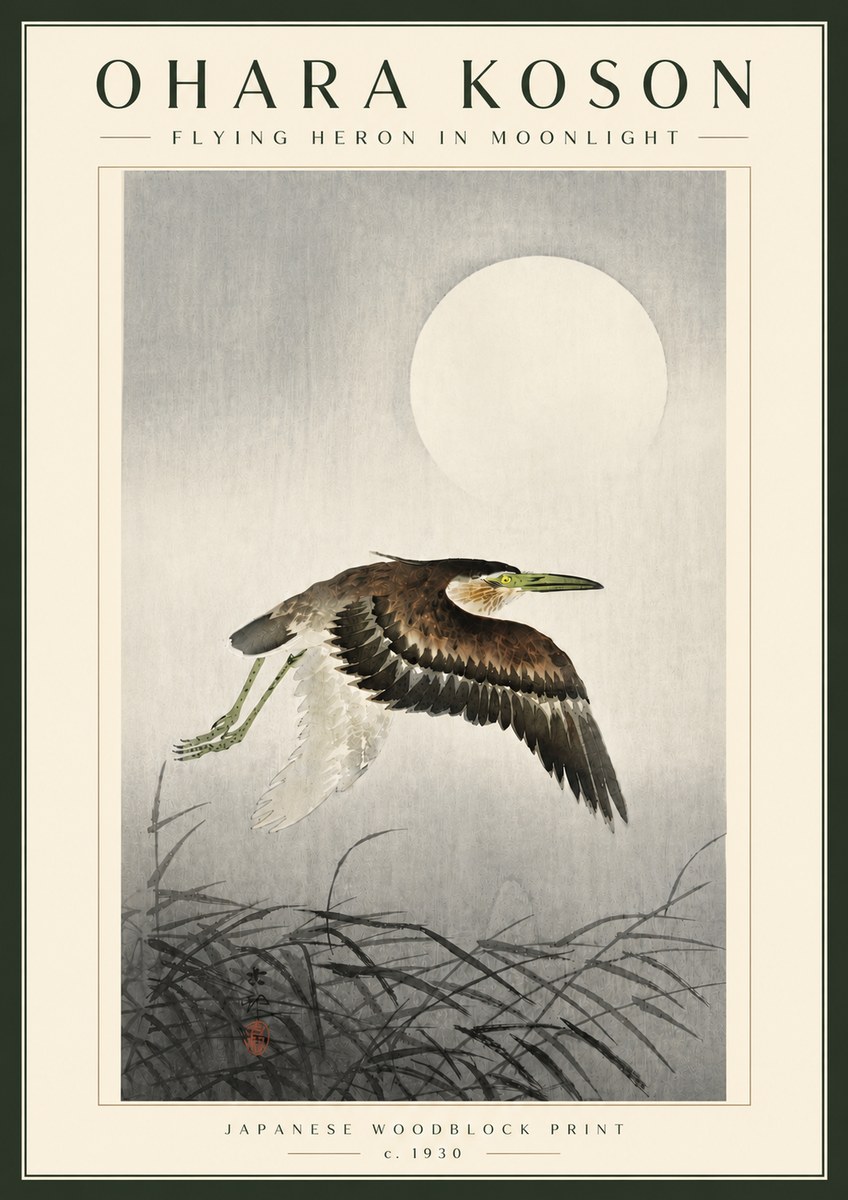 Ohara Koson Flying Heron in Moonlight No5 - Poszter