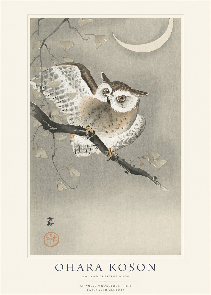 Ohara Koson Owl and Crescent Moon No1 - Poszter