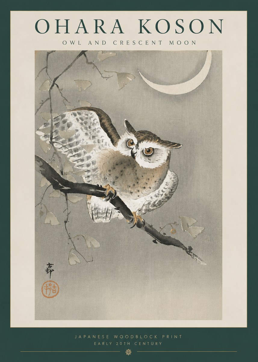 Ohara Koson Owl and Crescent Moon No6 - Poszter