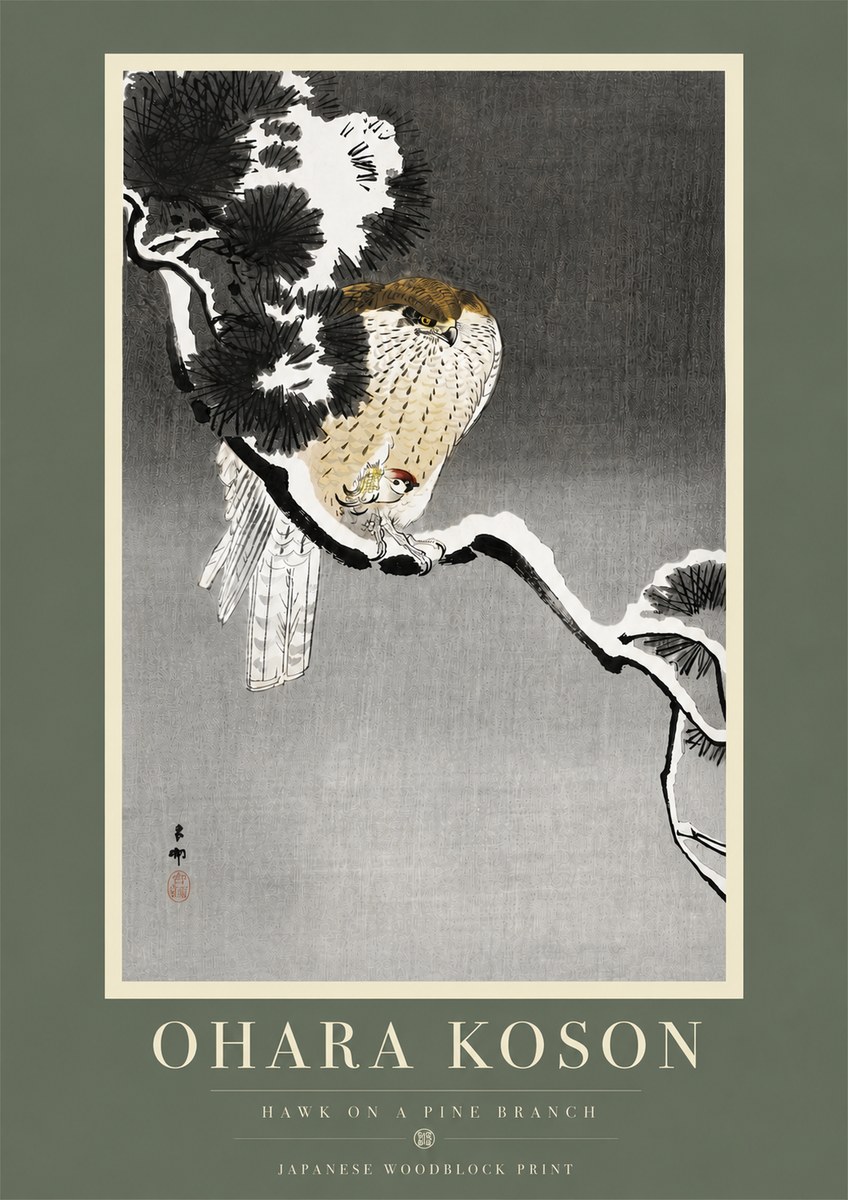 Ohara Koson Hawk on a Pine Branch No5 - Poszter