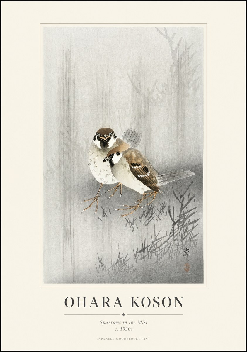 Ohara Koson Sparrows in the Mist No1 - Poszter