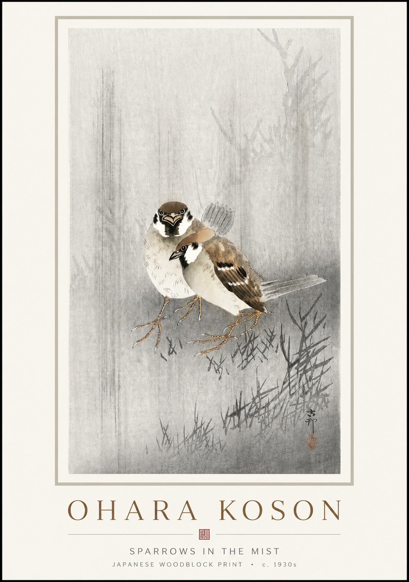 Ohara Koson Sparrows in the Mist No3 - Poszter