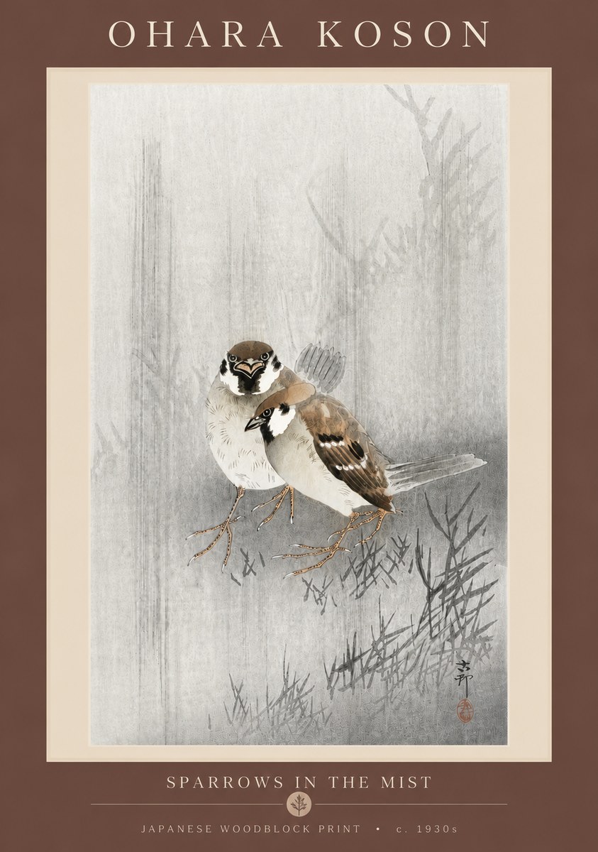 Ohara Koson Sparrows in the Mist No5 - Poszter