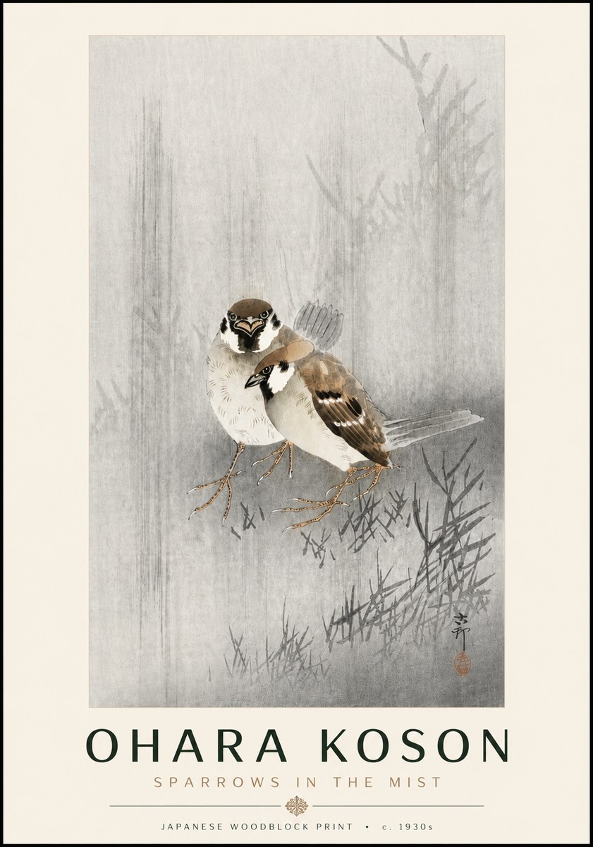 Ohara Koson Sparrows in the Mist No6 - Poszter