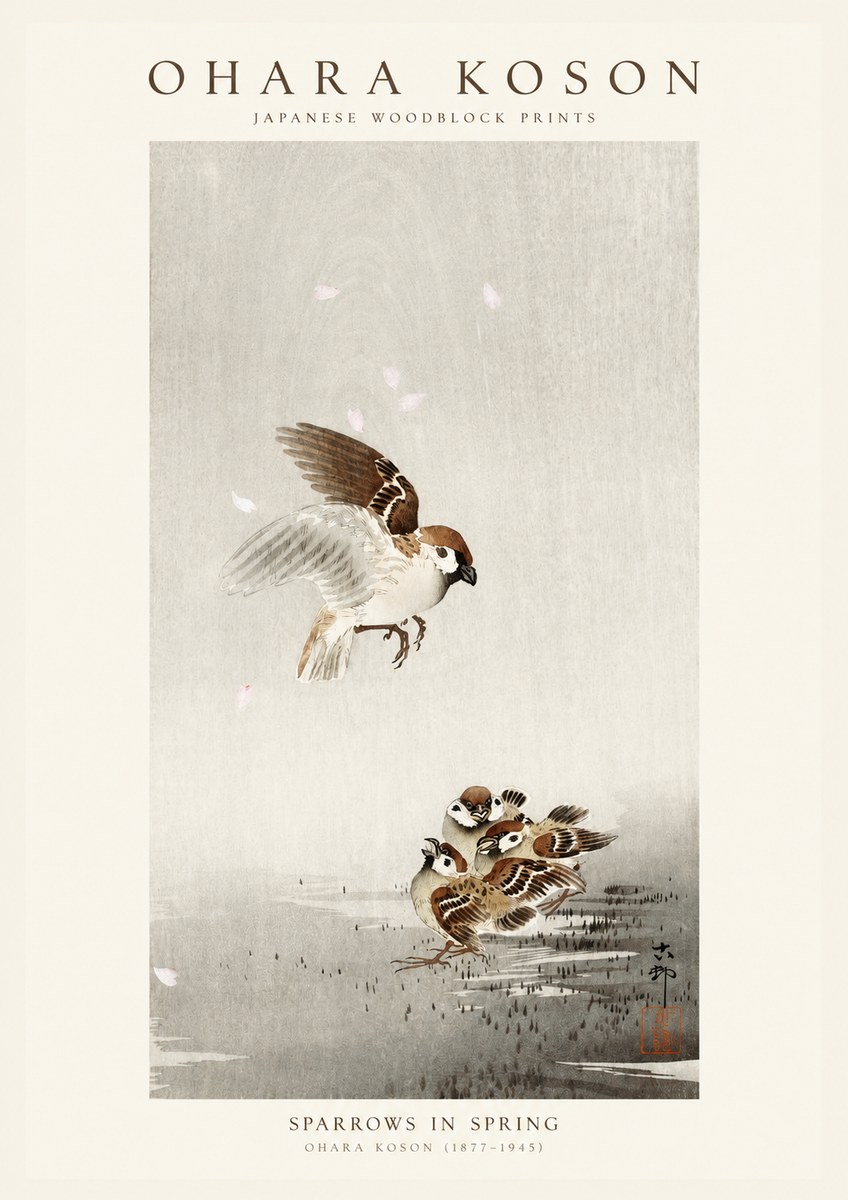 Ohara Koson Sparrows in Spring No1 - Poszter