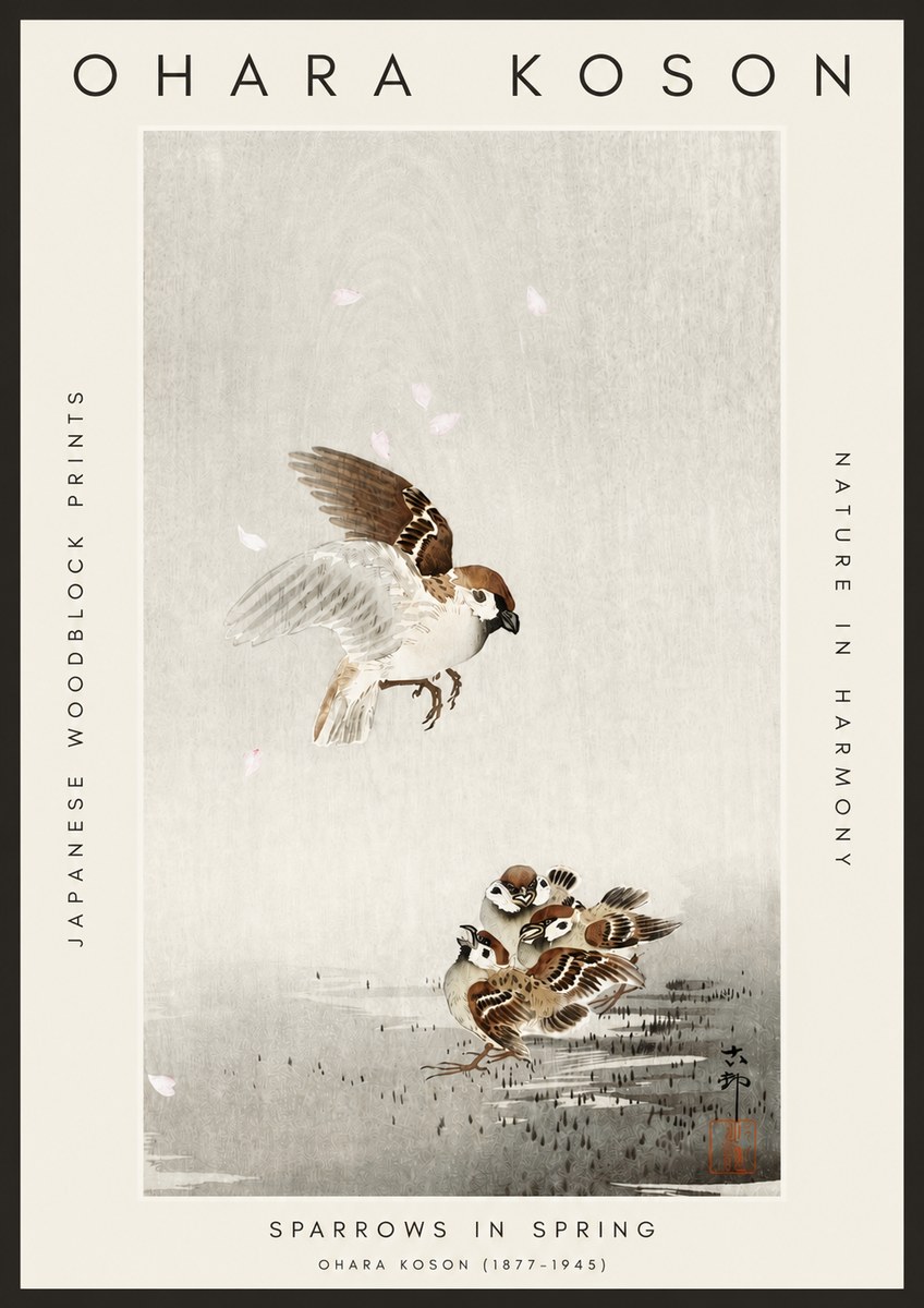 Ohara Koson Sparrows in Spring No3 - Poszter