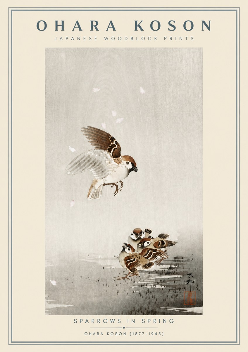 Ohara Koson Sparrows in Spring No6 - Poszter