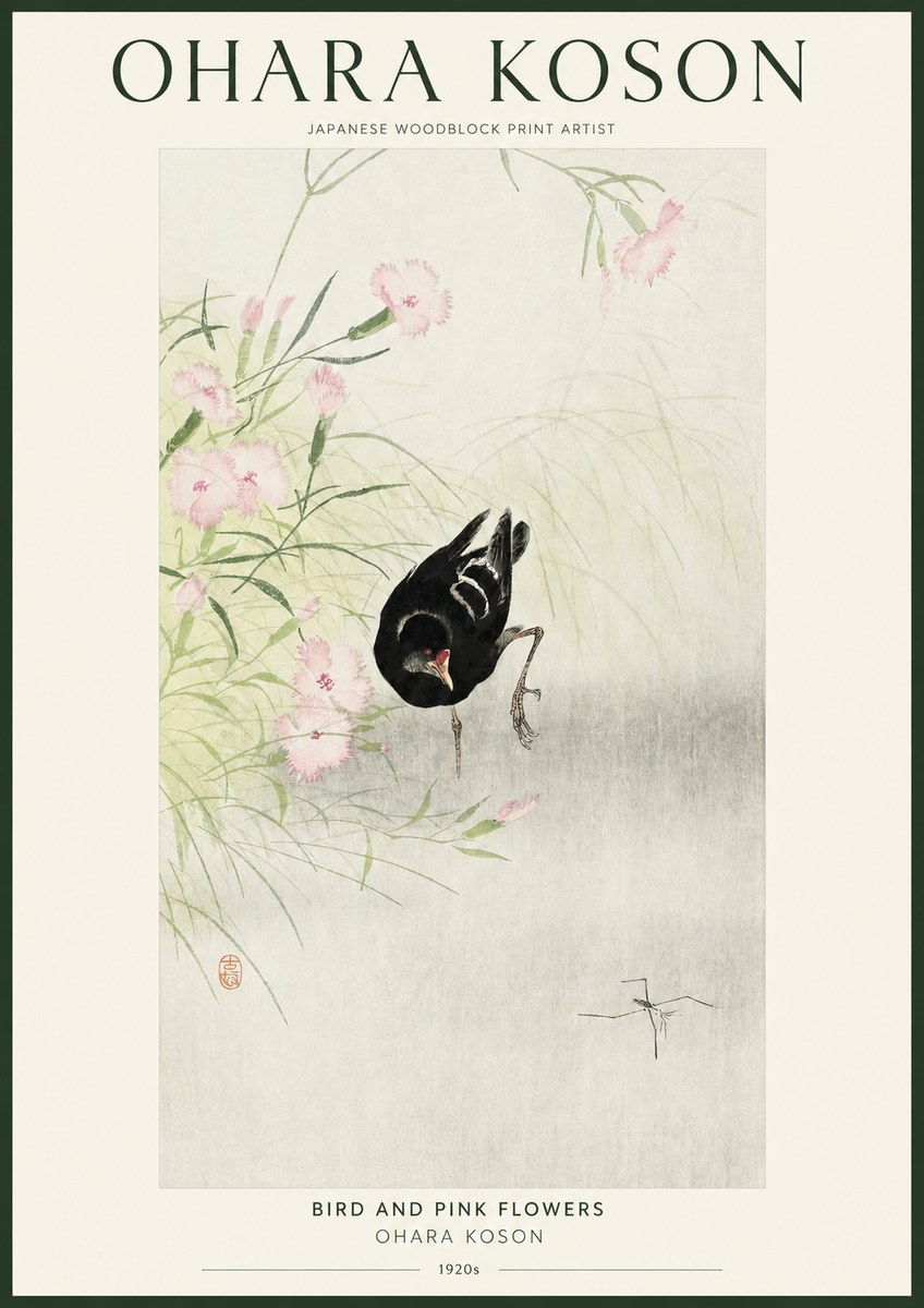 Ohara Koson Bird and Pink Flowers No1 - Poszter