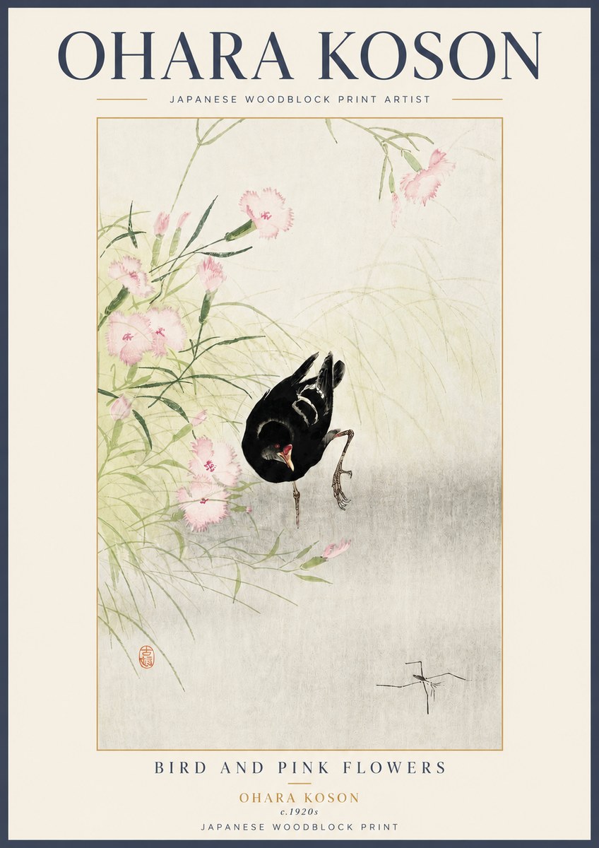 Ohara Koson Bird and Pink Flowers No3 - Poszter