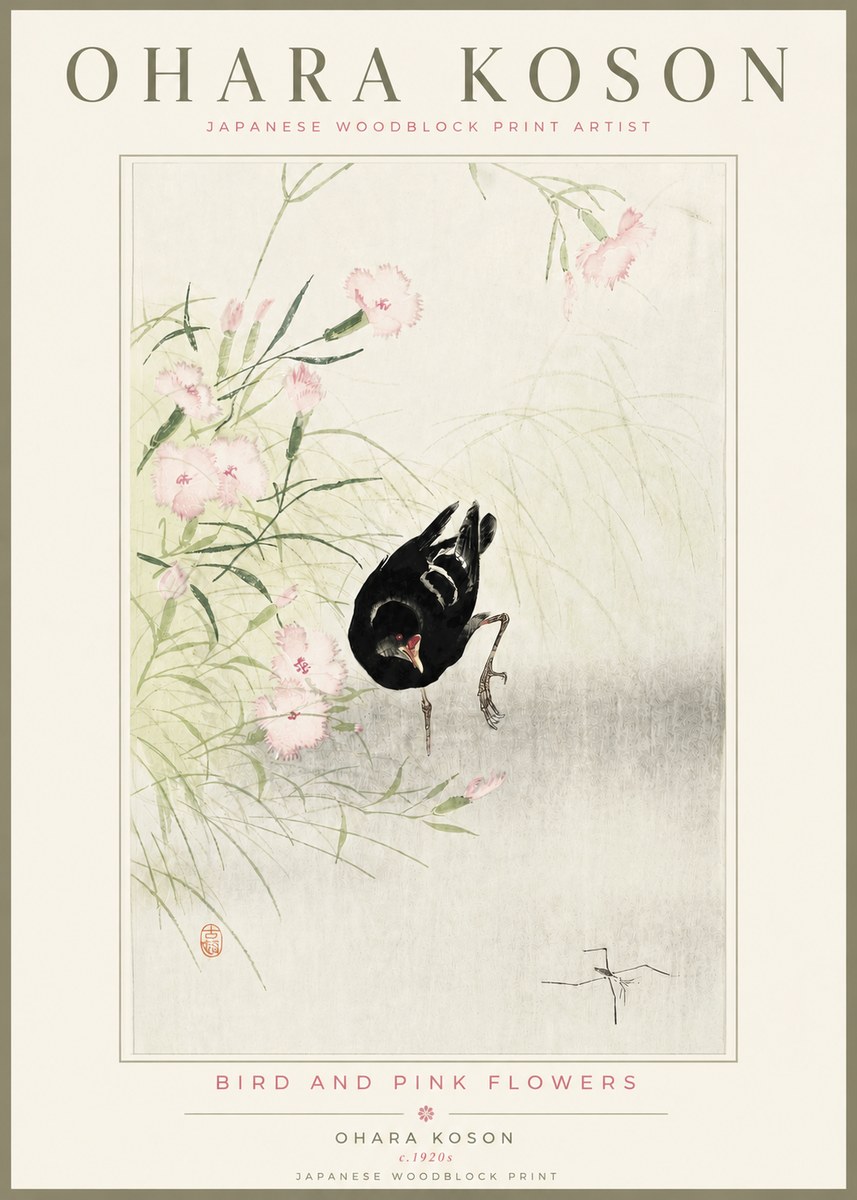 Ohara Koson Bird and Pink Flowers No4 - Poszter