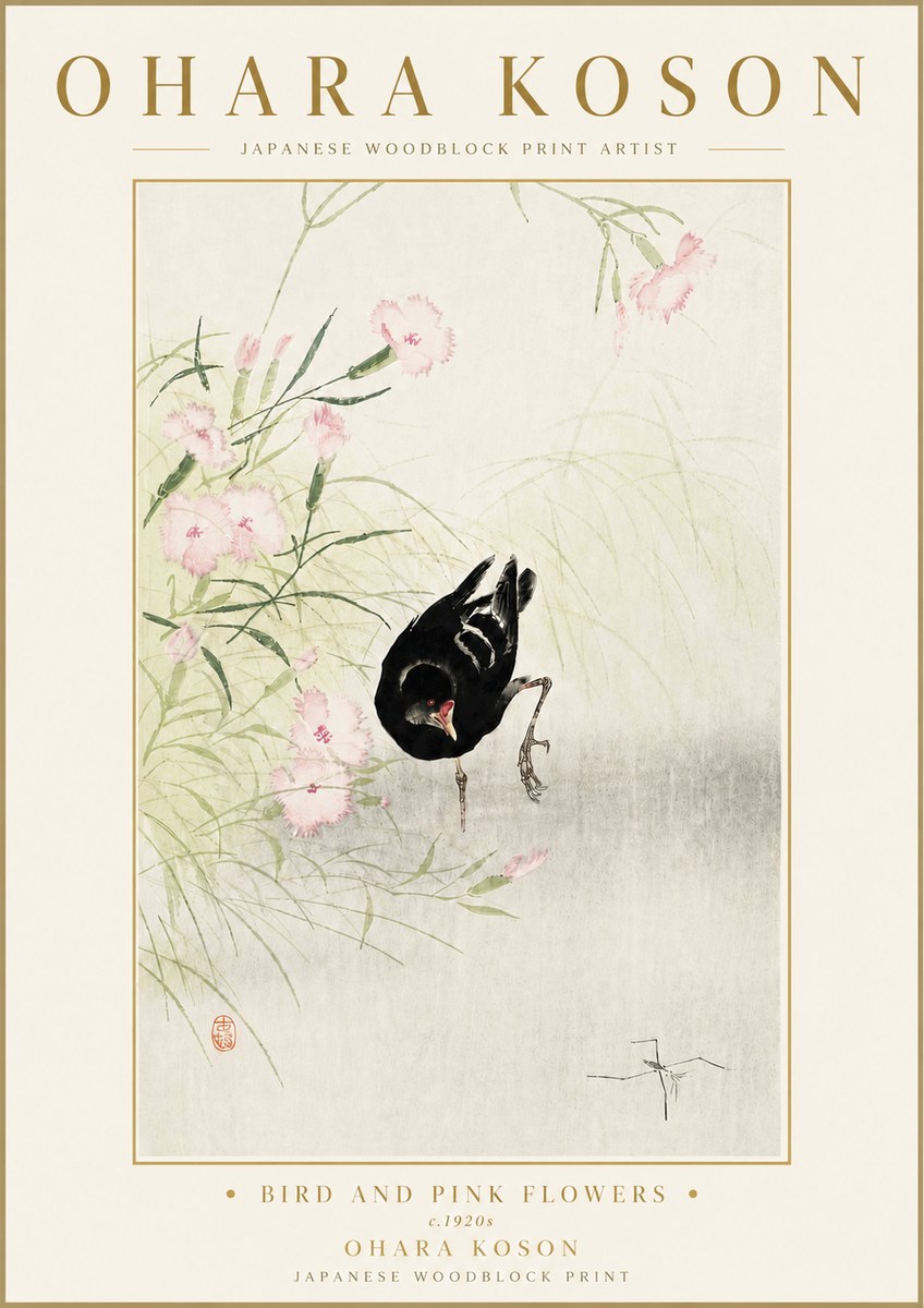 Ohara Koson Bird and Pink Flowers No6 - Poszter