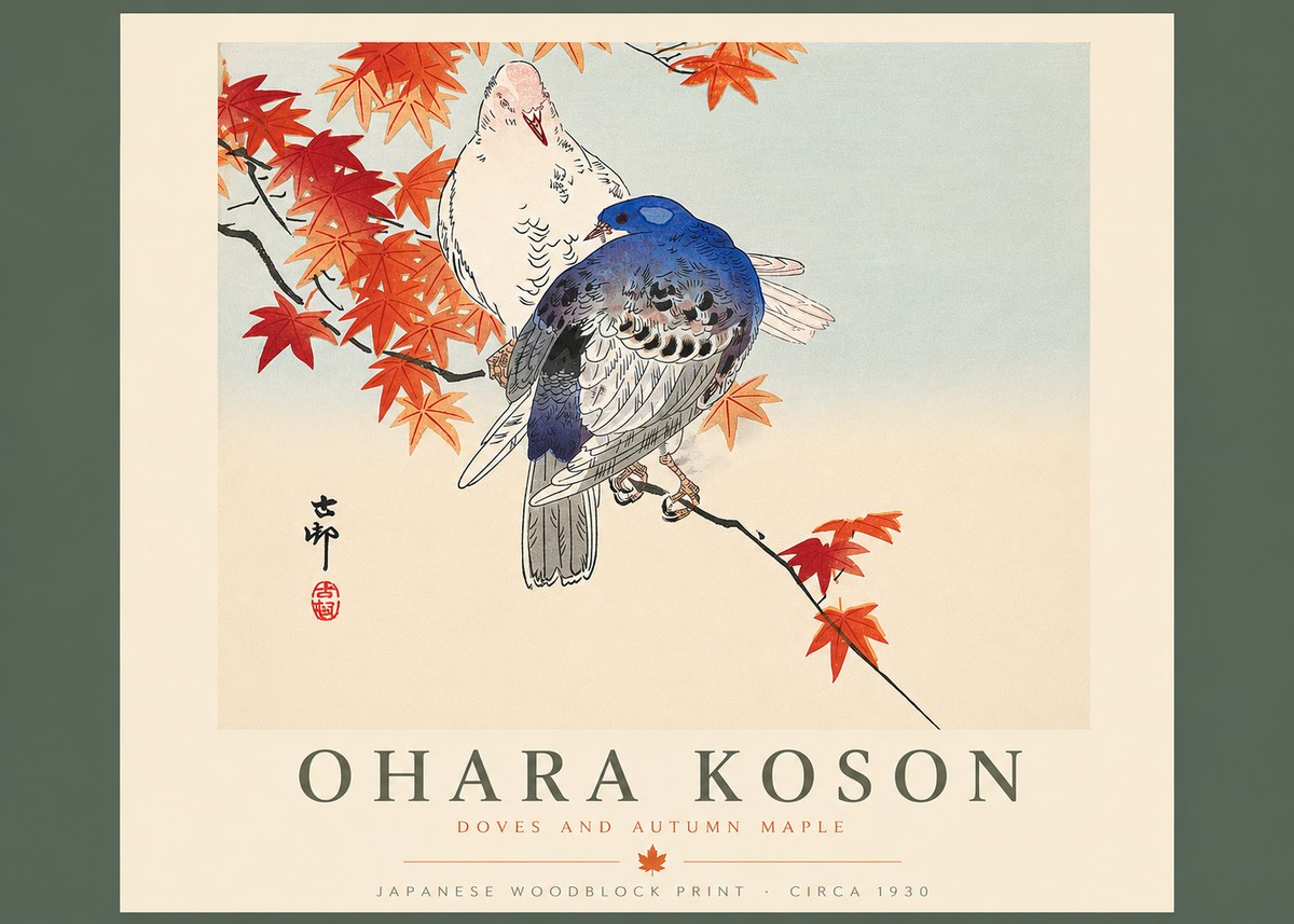 Ohara Koson Doves and Autumn Maple No4 - Poszter